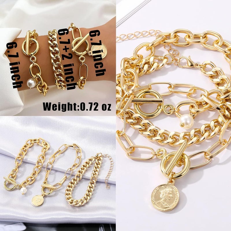 IFKM 6 PACK (24 PCS) Boho Gold Chain Bracelets Set for Women, 14K Gold Plated Multiple Layered Stackable Open Cuff Wrap Bangle Adjustable Link Italian Cuban Jewelry for Women Gift - Image 3